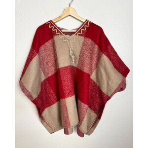 Adam Lippes For Target Women's Poncho Size S/M Red Beige Plaid Wool Blend Tassel